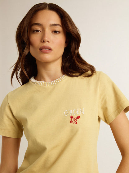 Women's T-shirt in cotton jersey with embroidery on the neck and heart - Golden Goose Women