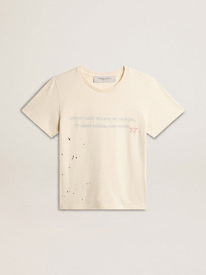 Women's aged white cotton T-shirt with print and embroidery - Golden Goose Women