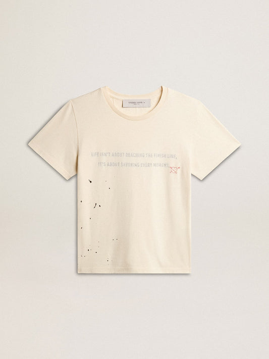 Women's aged white cotton T-shirt with print and embroidery - Golden Goose Women