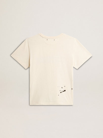 Women's aged white cotton T-shirt with print and embroidery - Golden Goose Women