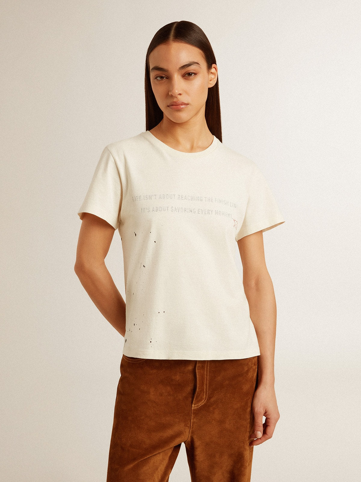 Women's aged white cotton T-shirt with print and embroidery - Golden Goose Women