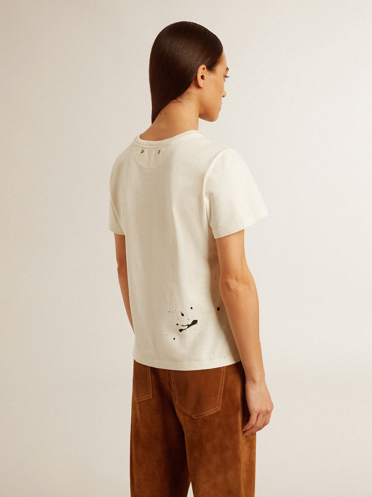 Women's aged white cotton T-shirt with print and embroidery - Golden Goose Women