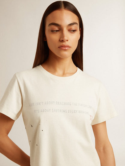 Women's aged white cotton T-shirt with print and embroidery - Golden Goose Women