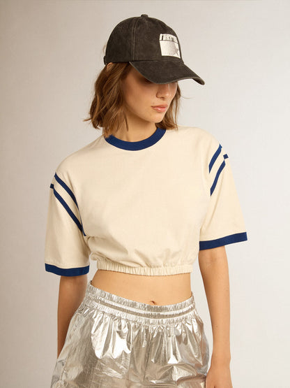 Aged white cotton cropped T-shirt with lettering on the back - Golden Goose Women