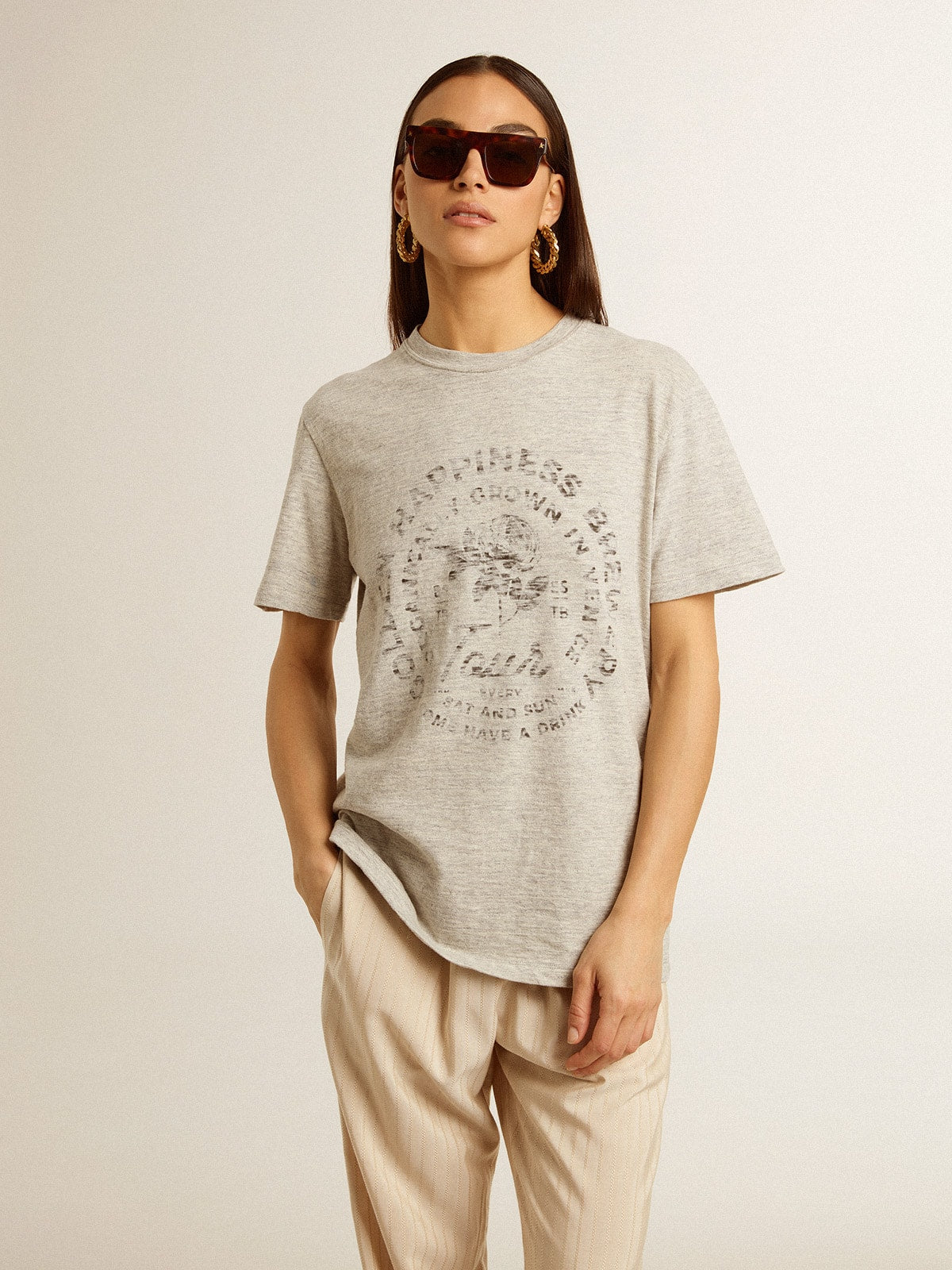 Women’s T-shirt in gray melange cotton with seasonal print - Golden Goose Women
