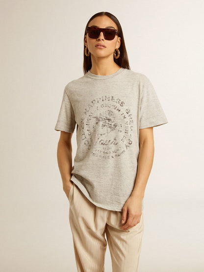 Women’s T-shirt in gray melange cotton with seasonal print - Golden Goose Women