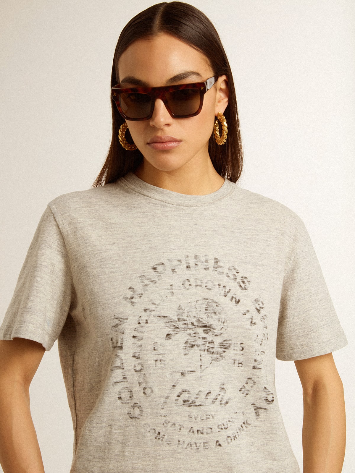 Women’s T-shirt in gray melange cotton with seasonal print - Golden Goose Women