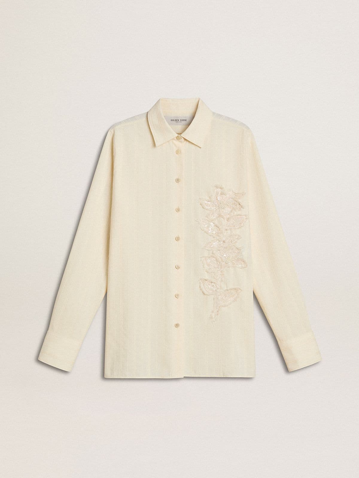 Women's cream-colored cotton shirt with floral embroidery - Golden Goose Women