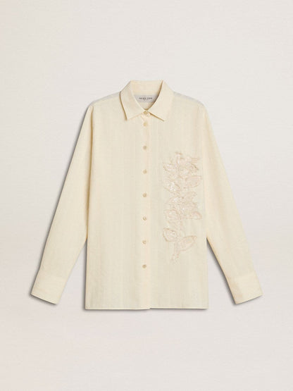 Women's cream-colored cotton shirt with floral embroidery - Golden Goose Women
