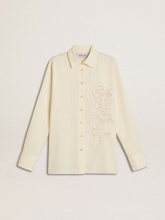 Women's cream-colored cotton shirt with floral embroidery - Golden Goose Women