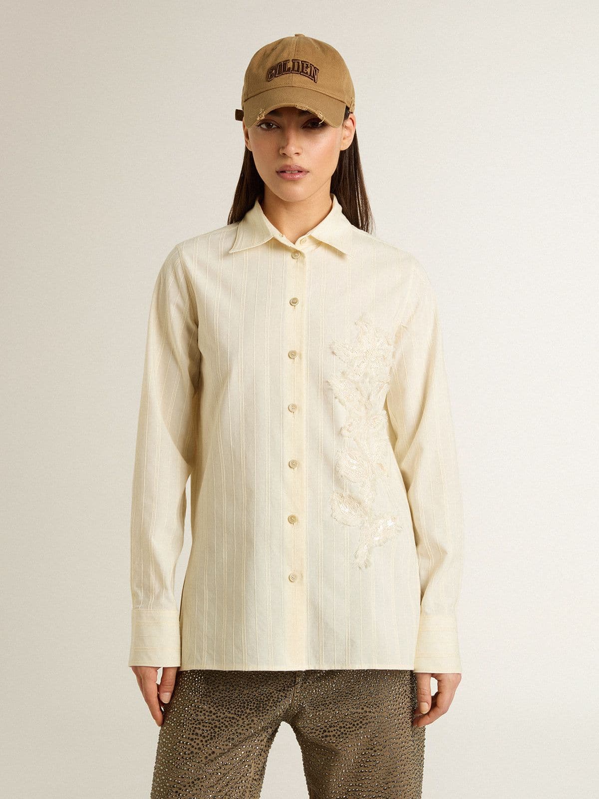Women's cream-colored cotton shirt with floral embroidery - Golden Goose Women