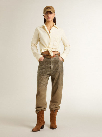 Women's cream-colored cotton shirt with floral embroidery - Golden Goose Women