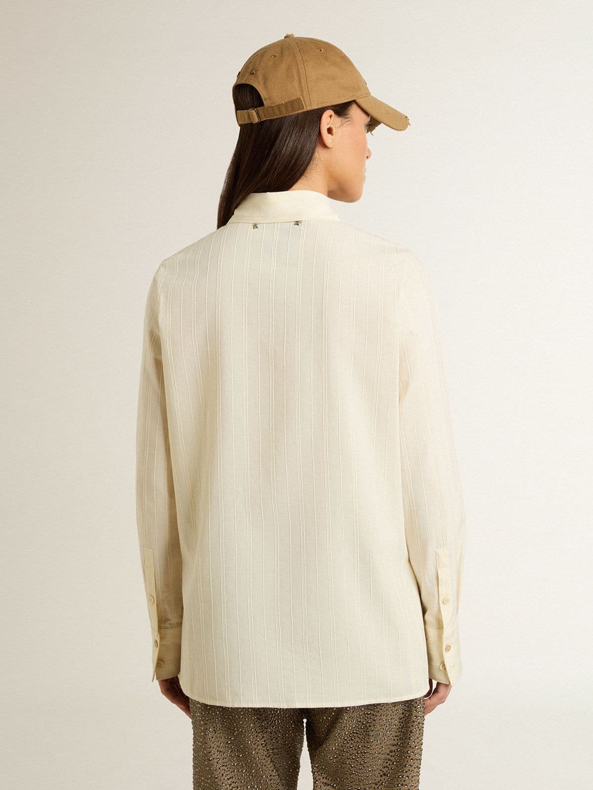Women's cream-colored cotton shirt with floral embroidery - Golden Goose Women