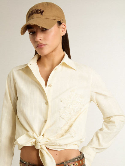 Women's cream-colored cotton shirt with floral embroidery - Golden Goose Women
