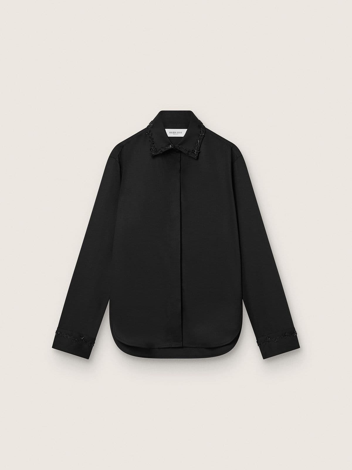 Women's shirt in black wool twill with floral embroidery in glass beads - Golden Goose Women