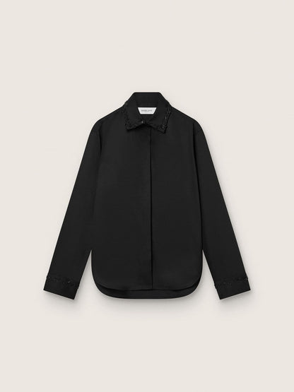 Women's shirt in black wool twill with floral embroidery in glass beads - Golden Goose Women
