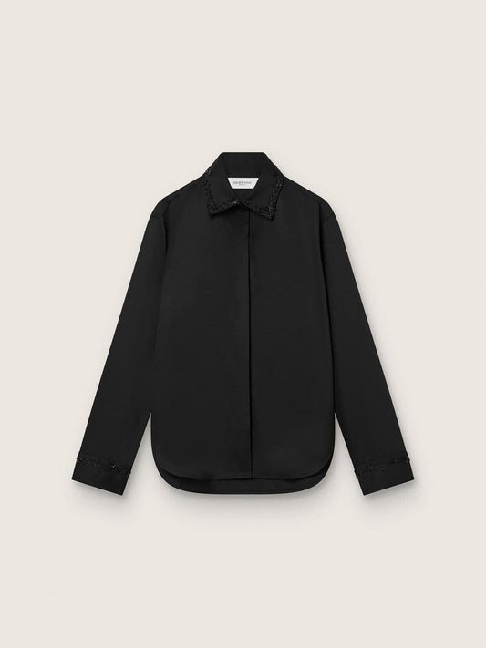 Women's shirt in black wool twill with floral embroidery in glass beads - Golden Goose Women