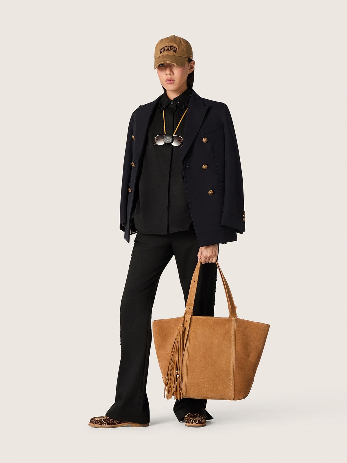 Women's shirt in black wool twill with floral embroidery in glass beads - Golden Goose Women