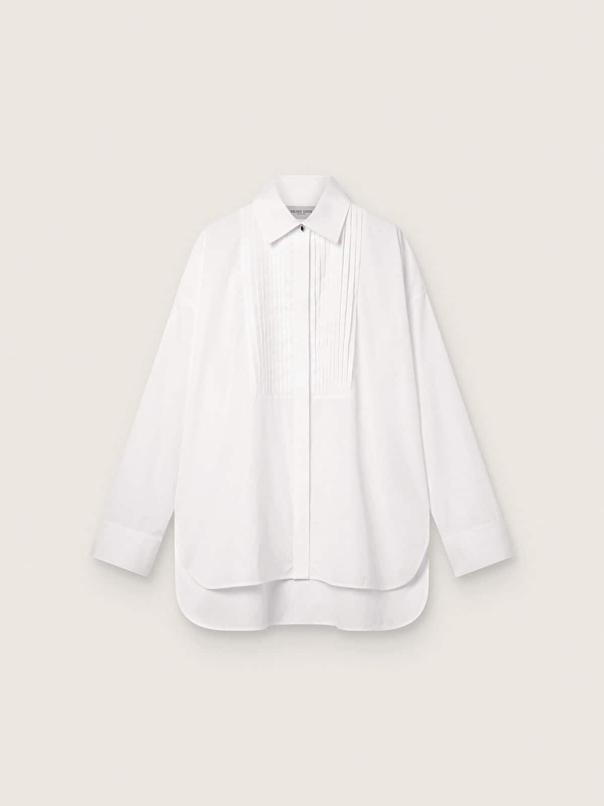 Women's oversized shirt in white cotton with pleated detail and jewel buttons - Golden Goose Women