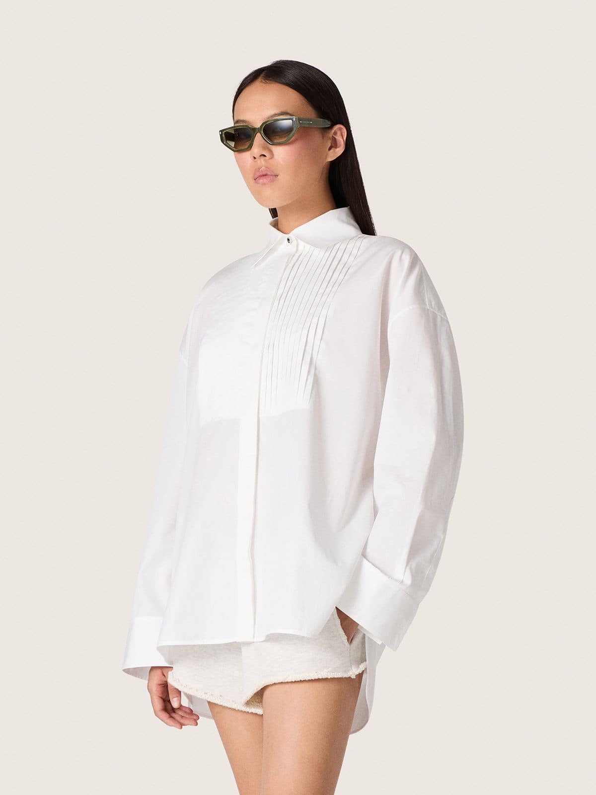 Women's oversized shirt in white cotton with pleated detail and jewel buttons - Golden Goose Women