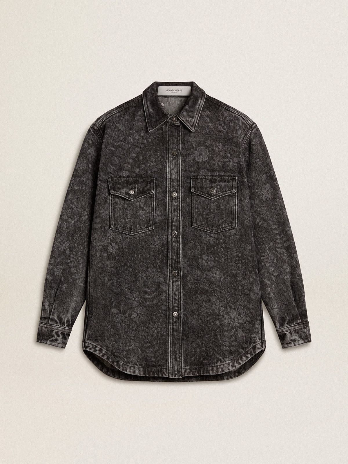 Women's black denim shirt with ton sur ton floral pattern - Golden Goose Women