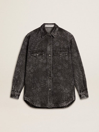 Women's black denim shirt with ton sur ton floral pattern - Golden Goose Women