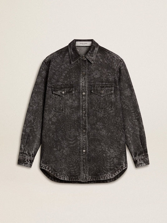 Women's black denim shirt with ton sur ton floral pattern - Golden Goose Women