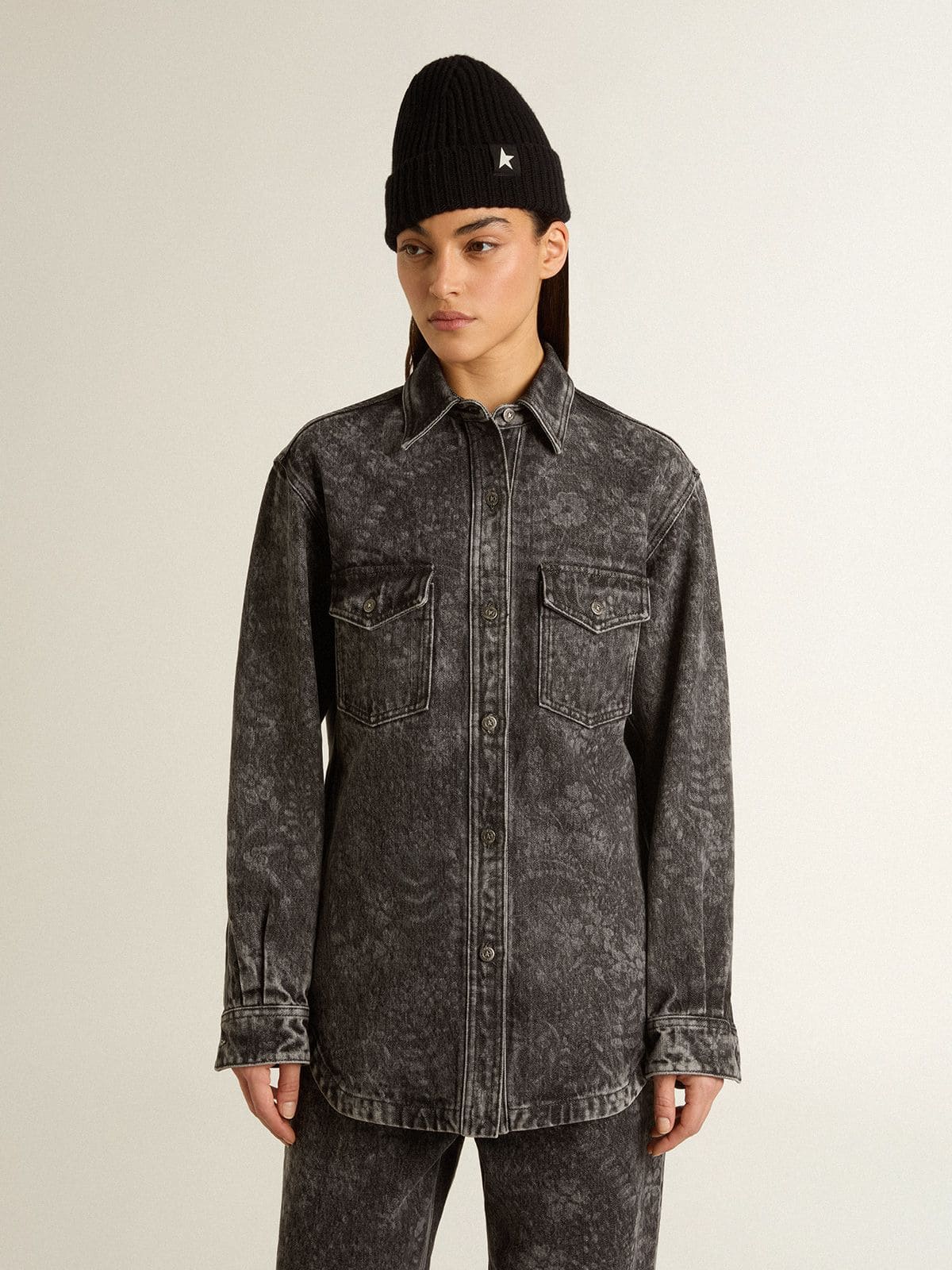 Women's black denim shirt with ton sur ton floral pattern - Golden Goose Women