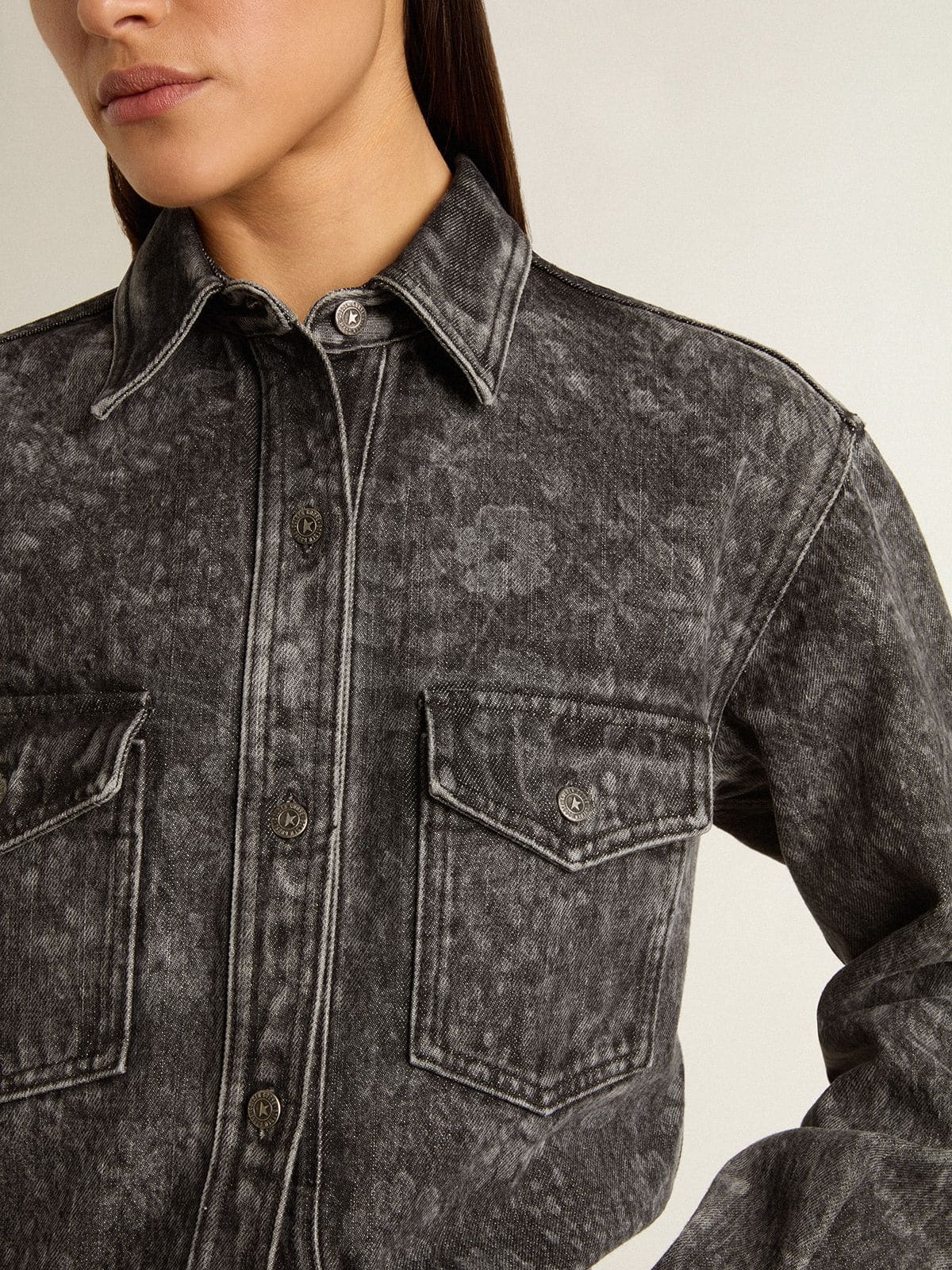 Women's black denim shirt with ton sur ton floral pattern - Golden Goose Women