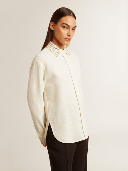 Women's viscose and cotton blend shirt with crystal-embellished collar - Golden Goose Women