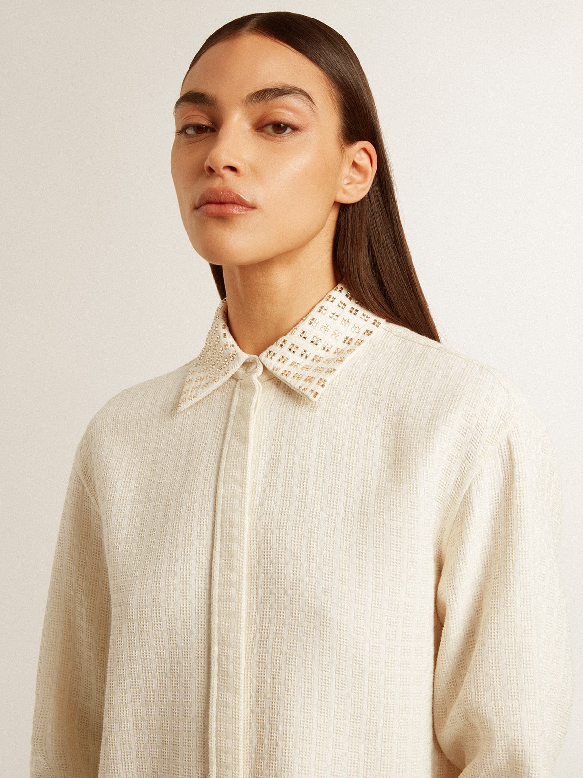 Women's viscose and cotton blend shirt with crystal-embellished collar - Golden Goose Women