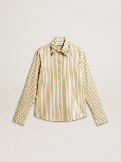Ecru shirt with stripes and embroidered crystals - Golden Goose Women