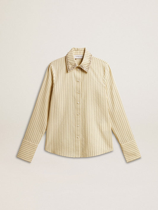 Ecru shirt with stripes and embroidered crystals - Golden Goose Women