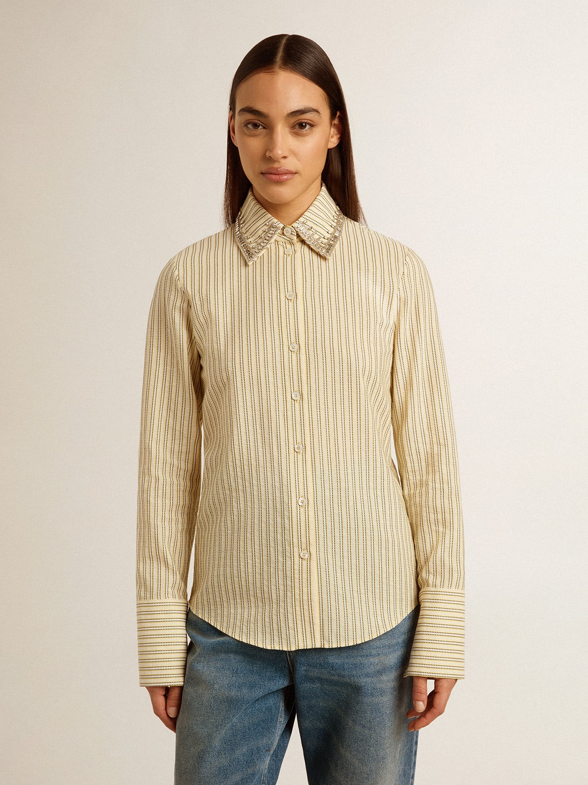 Ecru shirt with stripes and embroidered crystals - Golden Goose Women