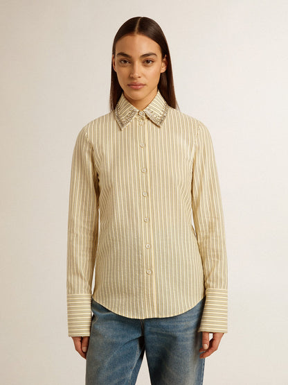 Ecru shirt with stripes and embroidered crystals - Golden Goose Women