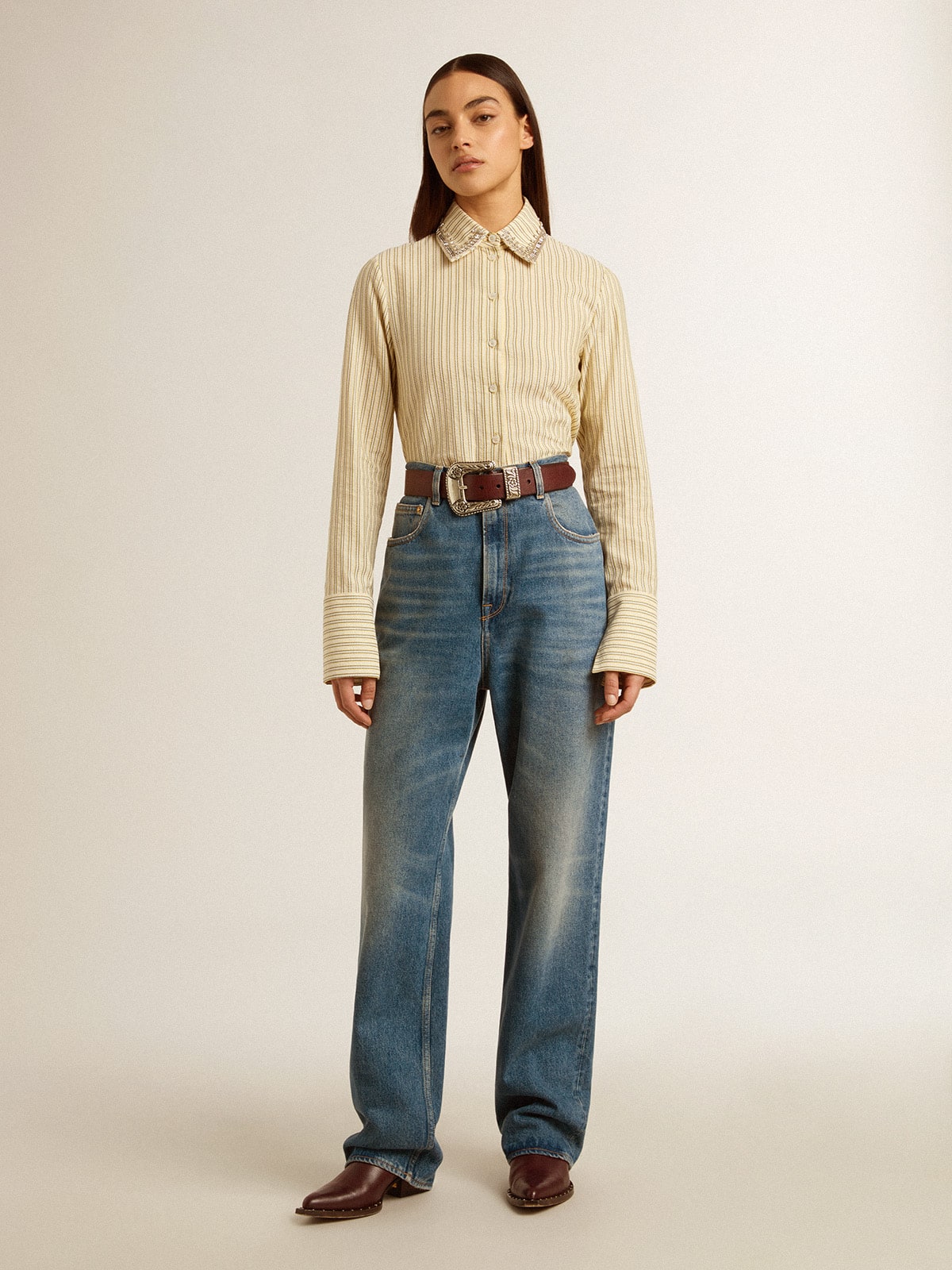 Ecru shirt with stripes and embroidered crystals - Golden Goose Women