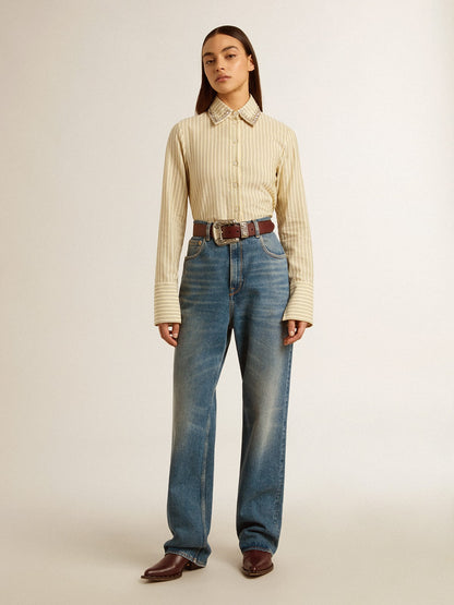 Ecru shirt with stripes and embroidered crystals - Golden Goose Women