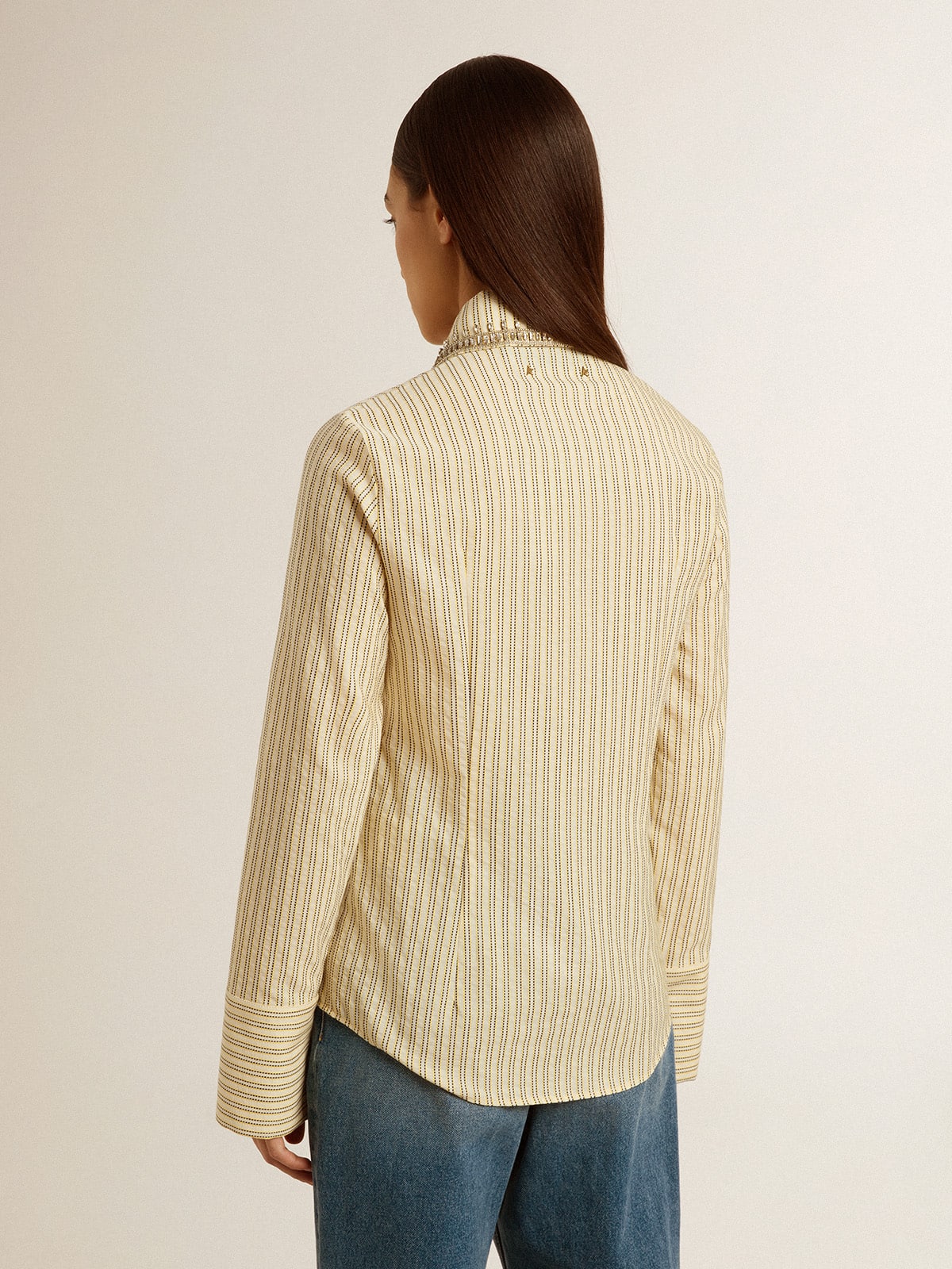 Ecru shirt with stripes and embroidered crystals - Golden Goose Women