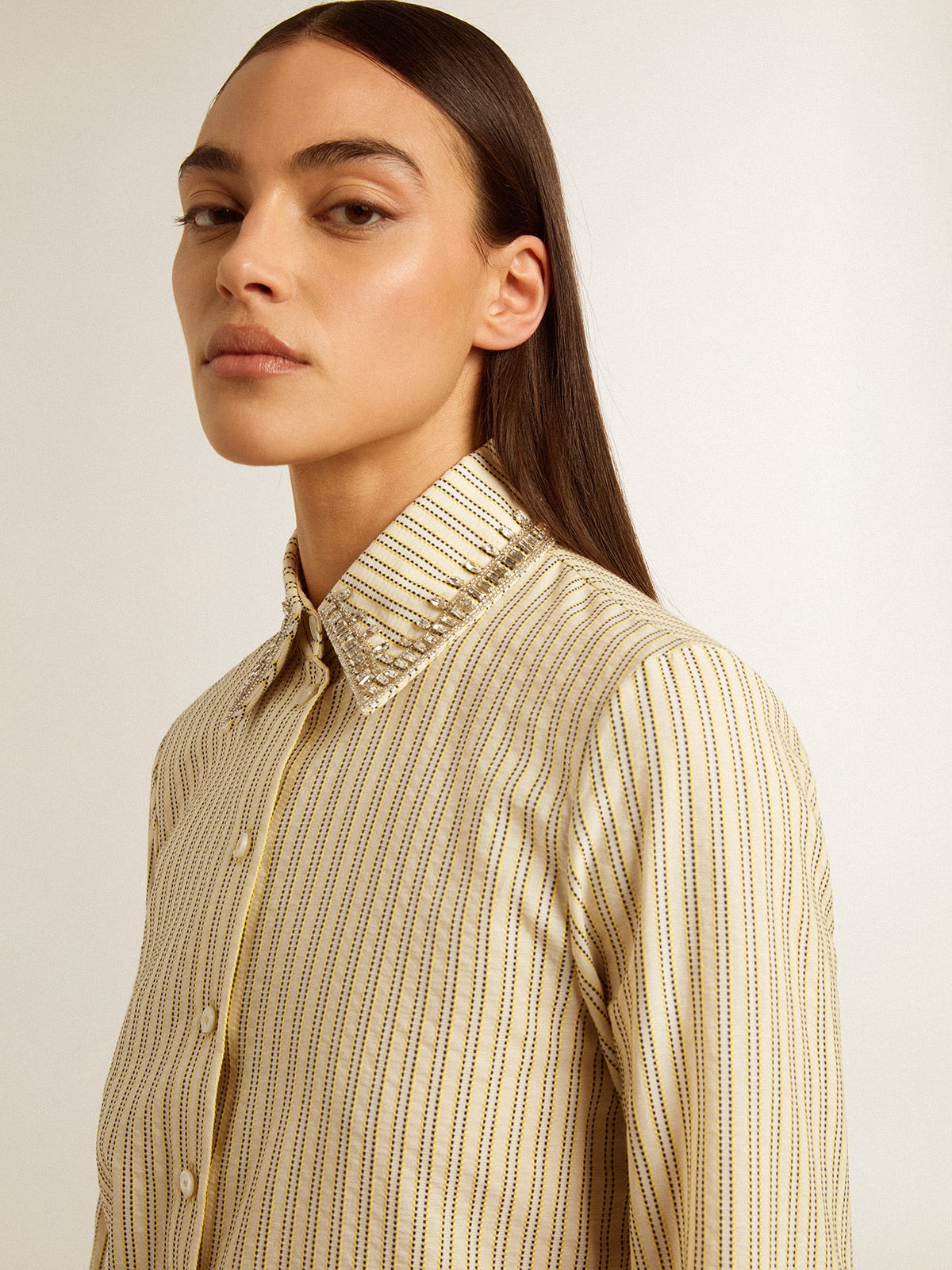 Ecru shirt with stripes and embroidered crystals - Golden Goose Women