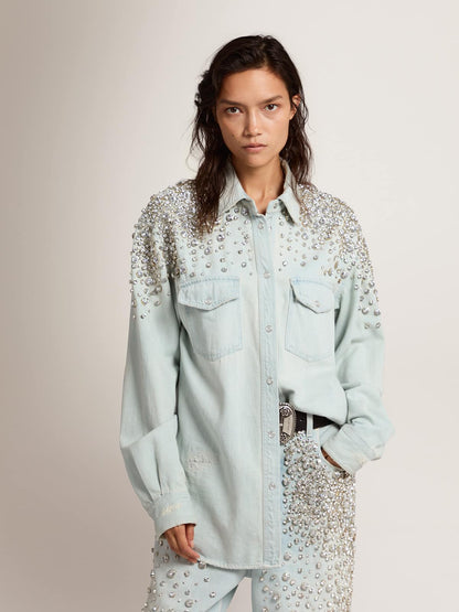 Women's bleached boyfriend shirt with cabochon crystals - Golden Goose Women