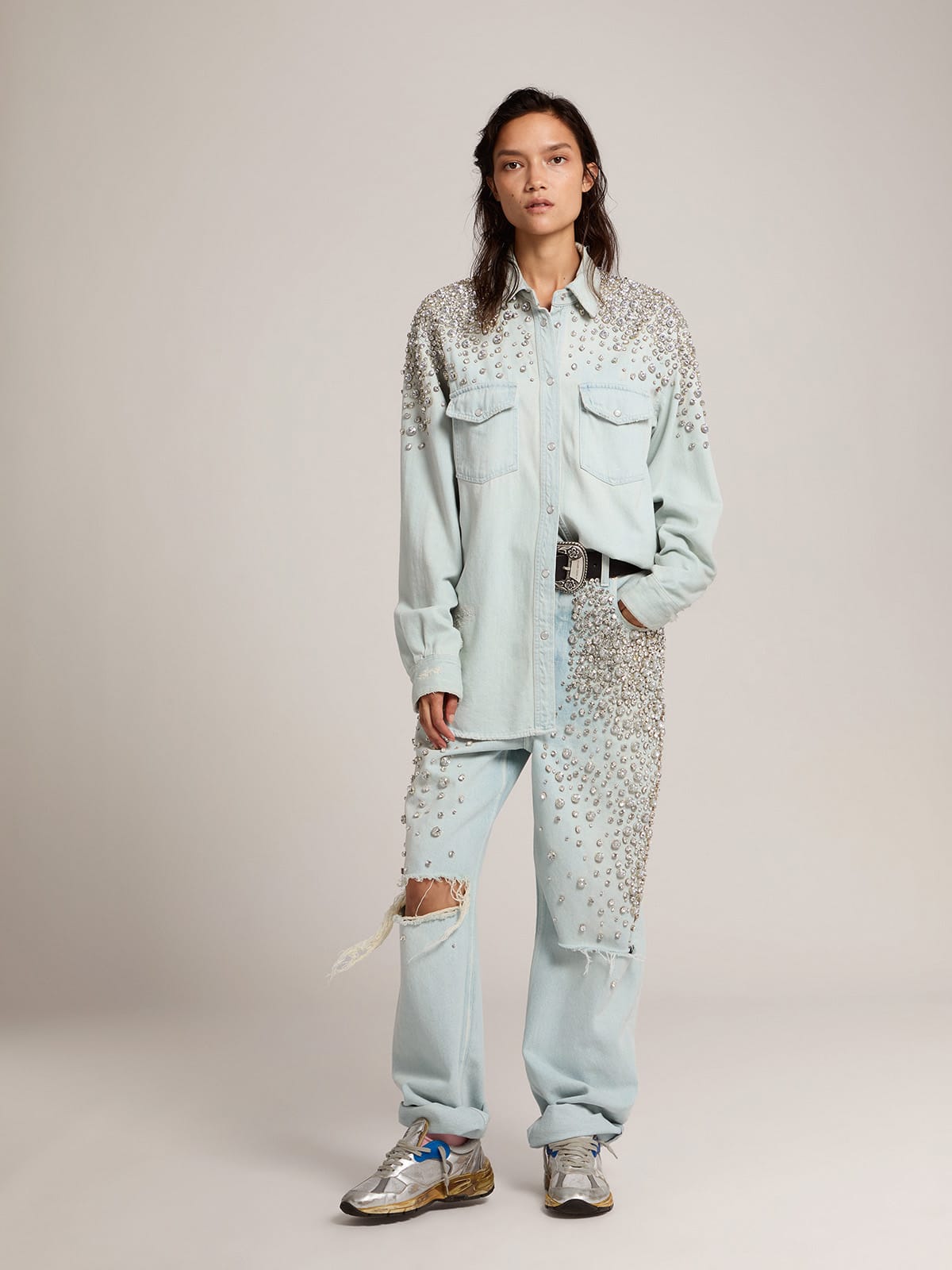 Women's bleached boyfriend shirt with cabochon crystals - Golden Goose Women