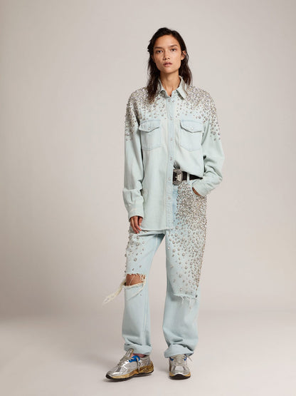 Women's bleached boyfriend shirt with cabochon crystals - Golden Goose Women
