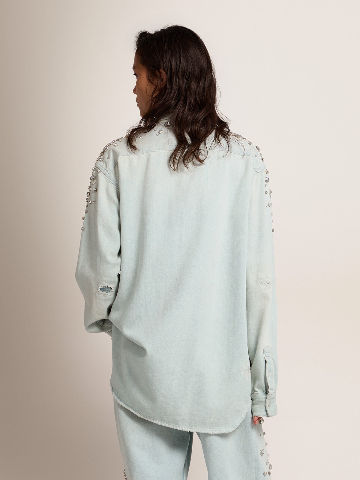 Women's bleached boyfriend shirt with cabochon crystals - Golden Goose Women