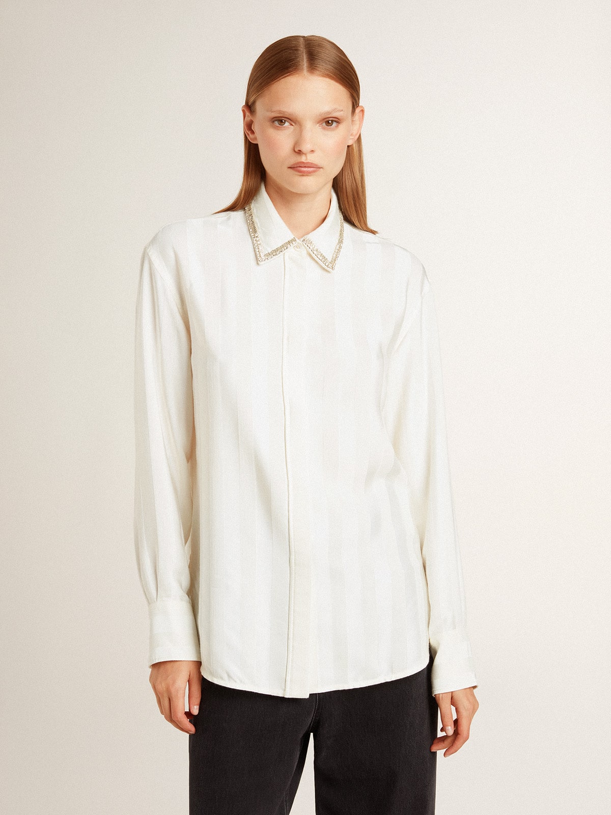 Women's shirt with a vertical striped pattern and crystal embroidery - Golden Goose Women