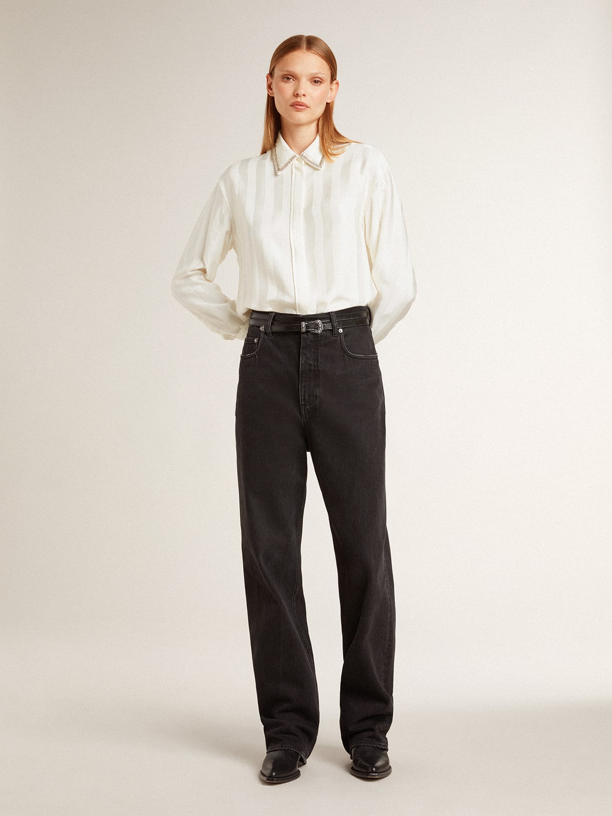 Women's shirt with a vertical striped pattern and crystal embroidery - Golden Goose Women