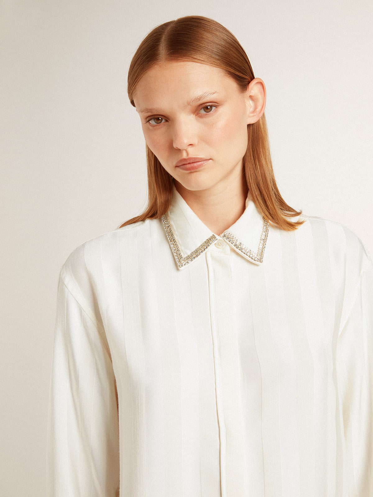 Women's shirt with a vertical striped pattern and crystal embroidery - Golden Goose Women