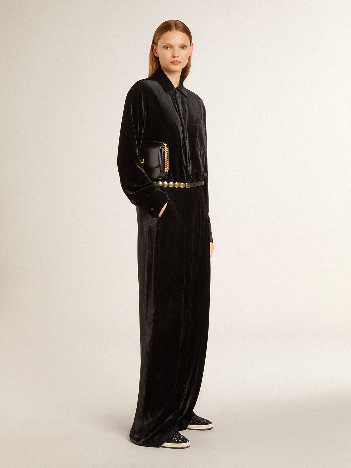 Velvet-effect black shirt with embroidery - Golden Goose Women|Men