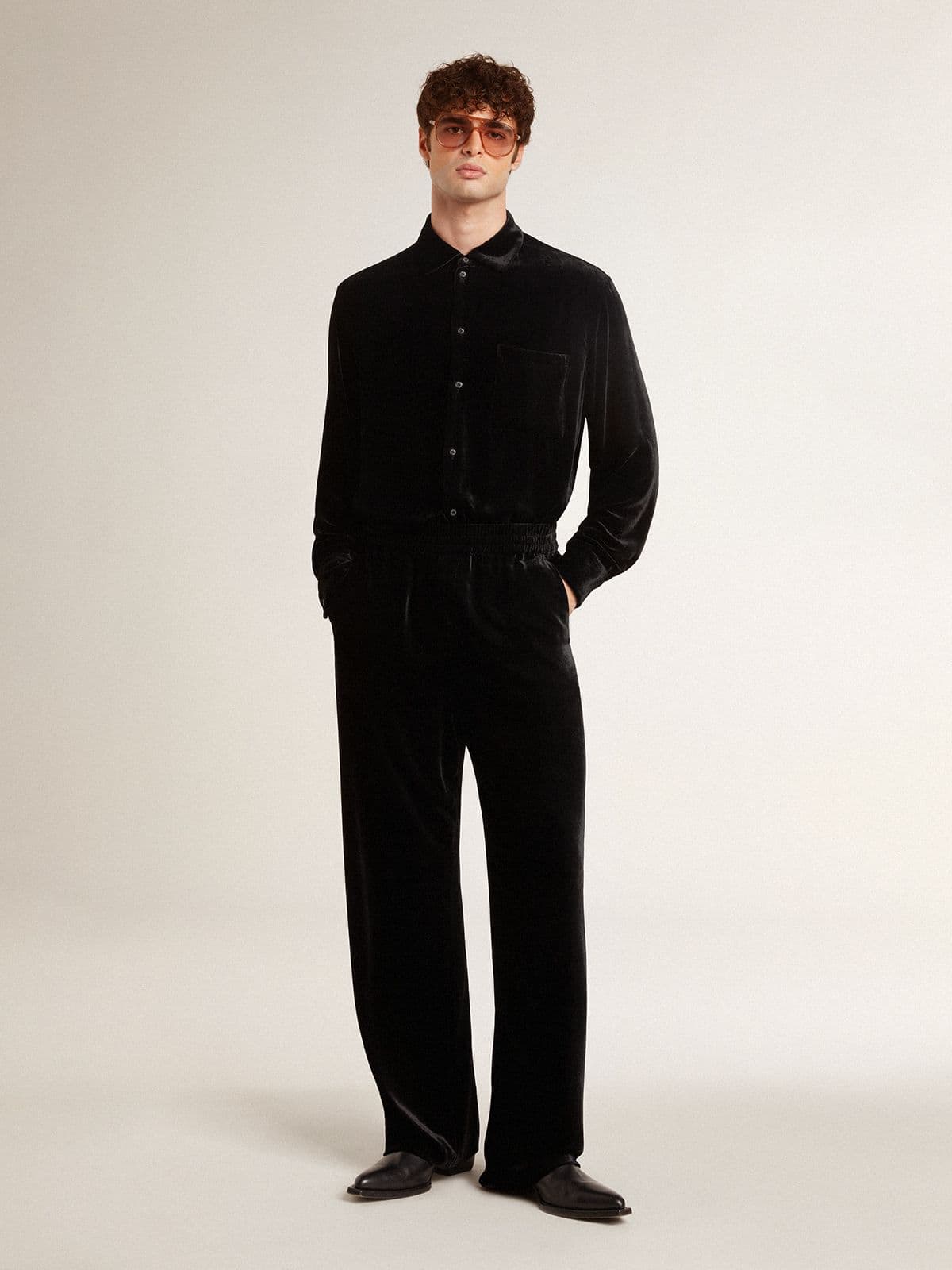 Velvet-effect black shirt with embroidery - Golden Goose Women|Men