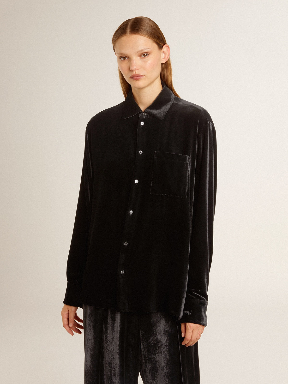 Velvet-effect black shirt with embroidery - Golden Goose Women|Men