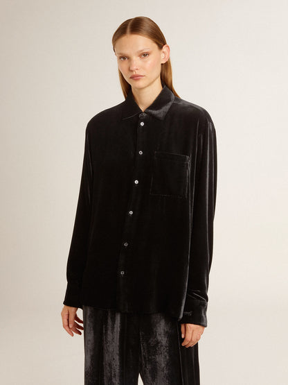 Velvet-effect black shirt with embroidery - Golden Goose Women|Men